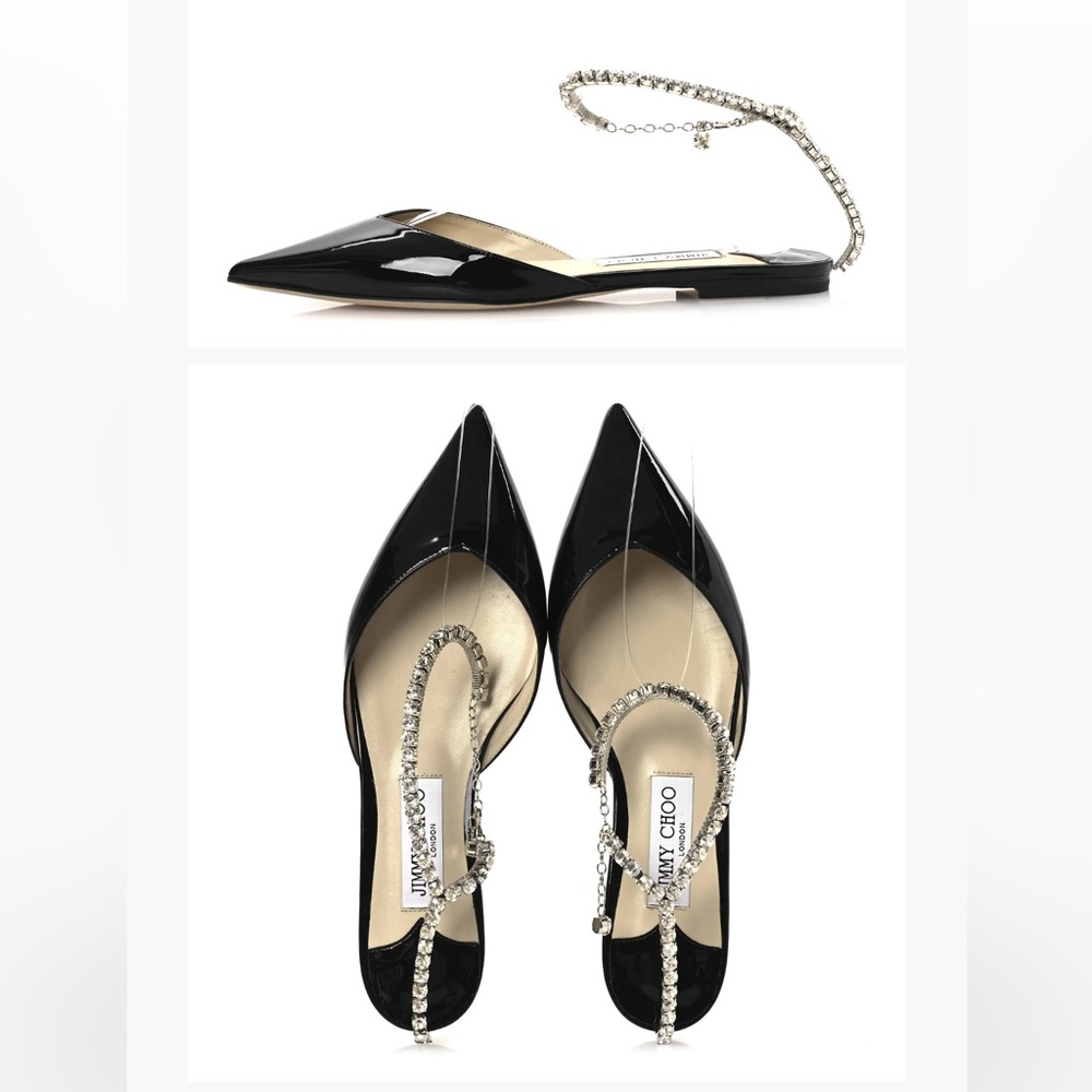 NWOT Jimmy Choo Saeda Black Patent Flats with Crystal Strap